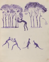 Kwatkwat people - (Aboriginal hiding in trees; fight; fighting kangaroos) Sketchbook mainly of activities of Aboriginals
